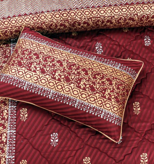 Maroon Golden Silk Satin Bridal Bed Set with Block Printing