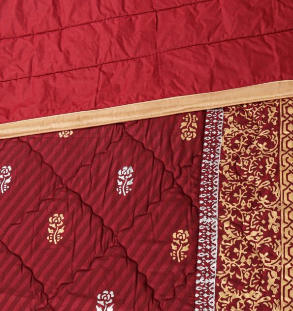 Maroon Golden Silk Satin Bridal Bed Set with Block Printing