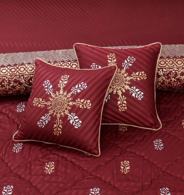 Maroon Golden Silk Satin Bridal Bed Set with Block Printing