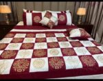 Maroon White Golden Monogram Silk Satin Bridal Bed Set with Block Printing (1)