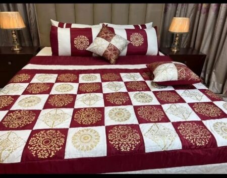 Maroon White Golden Monogram Silk Satin Bridal Bed Set with Block Printing