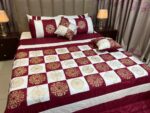 Maroon White Golden Monogram Silk Satin Bridal Bed Set with Block Printing (1)