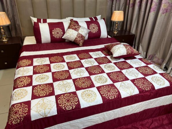 Maroon White Golden Monogram Silk Satin Bridal Bed Set with Block Printing