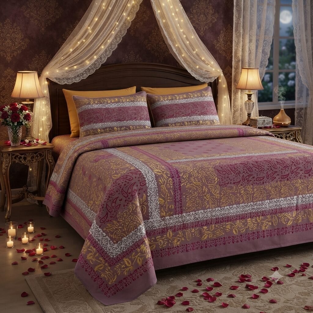 Mud Printed Silk Satin Bridal Bed Set with Block Printing Mud Printed Silk Satin Bridal Bed Set with Block Printing