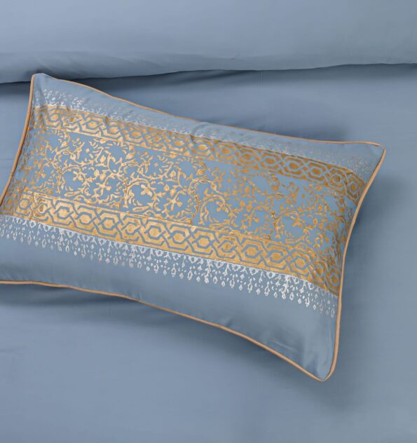 Sky Gold Silk Satin Bridal Bed Set with Block Printing