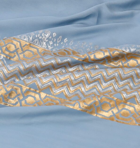 Sky Gold Silk Satin Bridal Bed Set with Block Printing