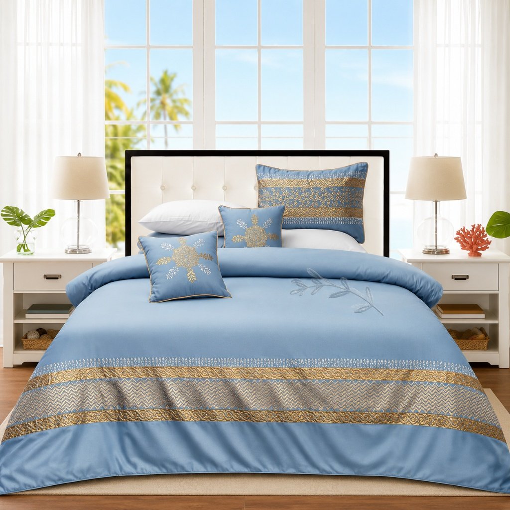 Sky Gold Silk Satin Bridal Bed Set with Block Printing Sky Gold Silk Satin Bridal Bed Set with Block Printing