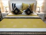 Yellow White Silk Satin Bridal Bed Set with Block Printing