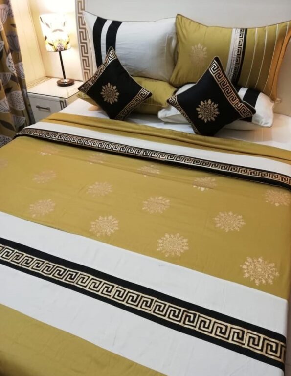 Yellow White Silk Satin Bridal Bed Set with Block Printing