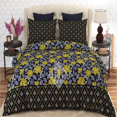 Black Yellow Flowers Printed Bed Sheet With 2 Pillow Covers