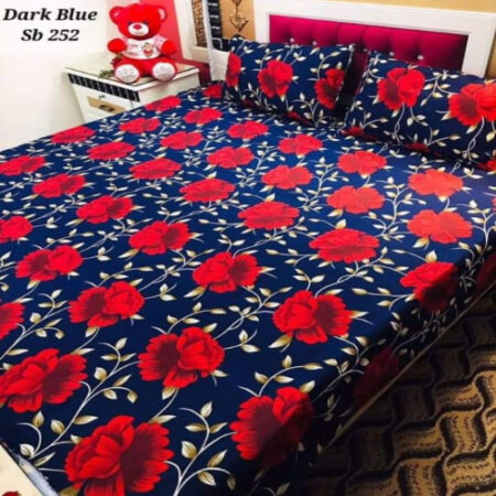 Blue Dark Red Flowers Printed Sheet With 2 Pillow Covers – 3 PCS