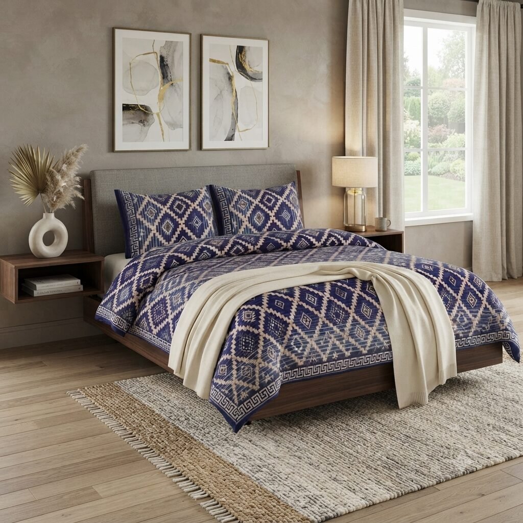 Blue Lining Colours Printed Bed Sheet With 2 Pillow Covers Blue Lining Colours Printed Bed Sheet With 2 Pillow Covers