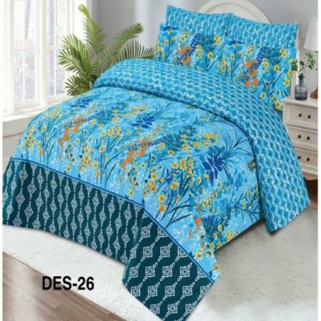 Blue Yellow Flowers Printed Bed Sheet With 2 Pillow Covers