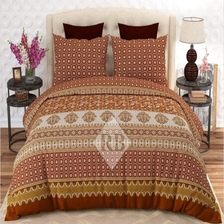 Brown Cream Printed Bed Sheet With 2 Pillow Covers