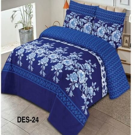 Dark Blue Flowers Printed Bed Sheet With 2 Pillow Covers