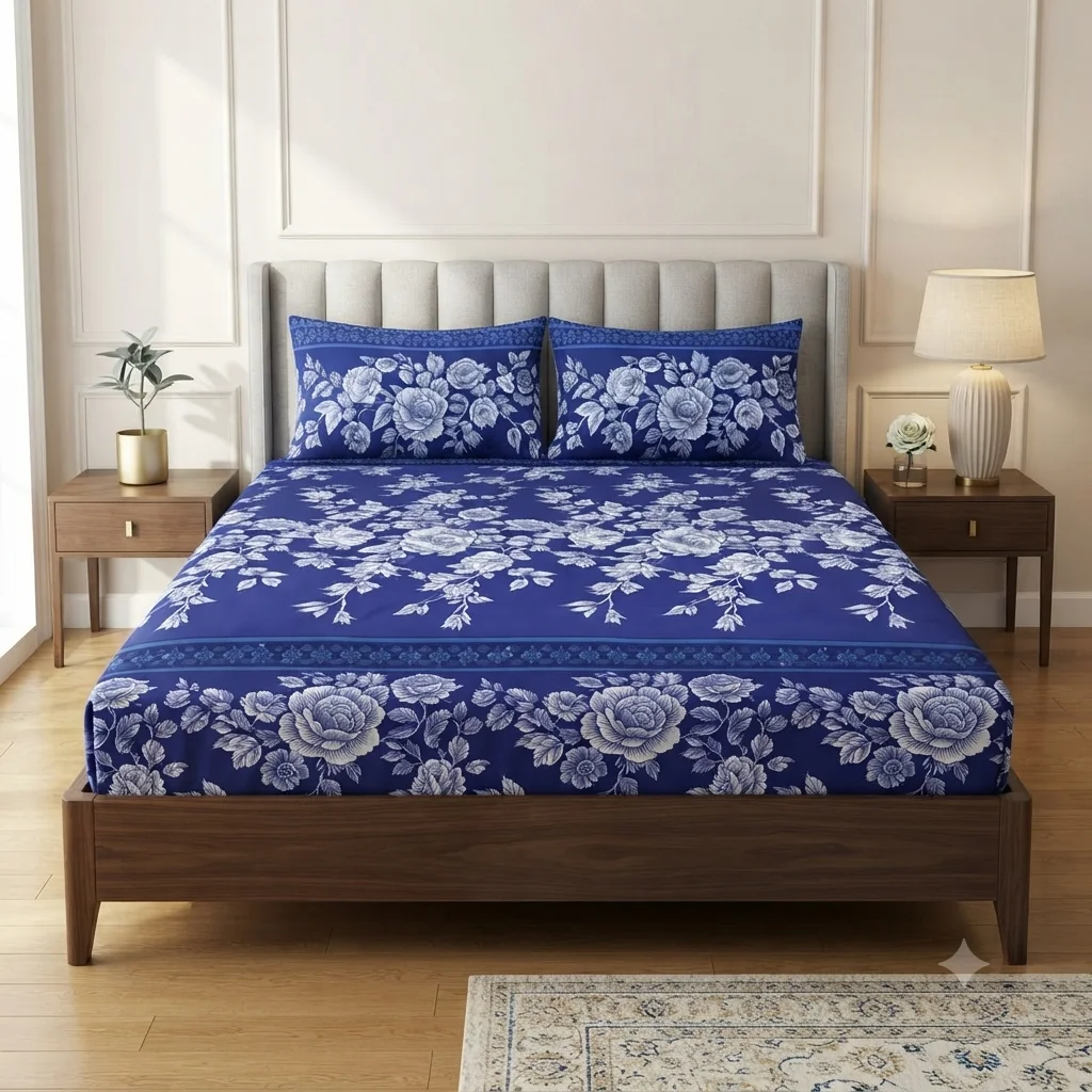Elegant Blue Rose Cotton Bed Sheet Set Elegant Blue Rose Cotton Bed Sheet Set