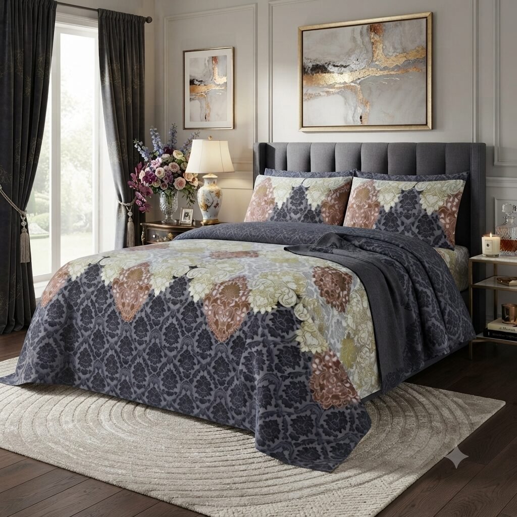 Grey Brown Colours Printed Bed Sheet With 2 Pillow Covers Grey Brown Colours Printed Bed Sheet With 2 Pillow Covers
