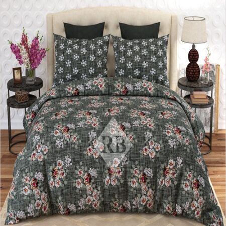 Grey Red Flower Printed Bed Sheet With 2 Pillow Covers