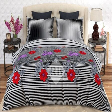 Grey Red Flowers Printed Bed Sheet With 2 Pillow Covers