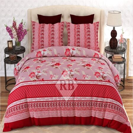 Red Flower Printed Bed Sheet With 2 Pillow Covers