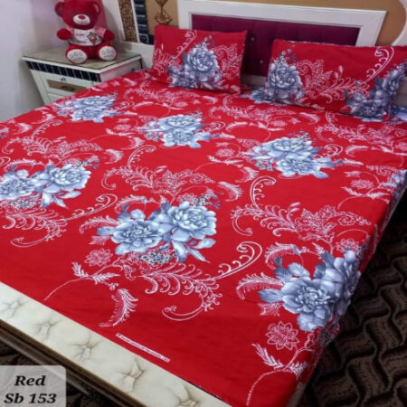 Red Grey Flower Printed Sheet With 2 Pillow Covers – 3 PCS