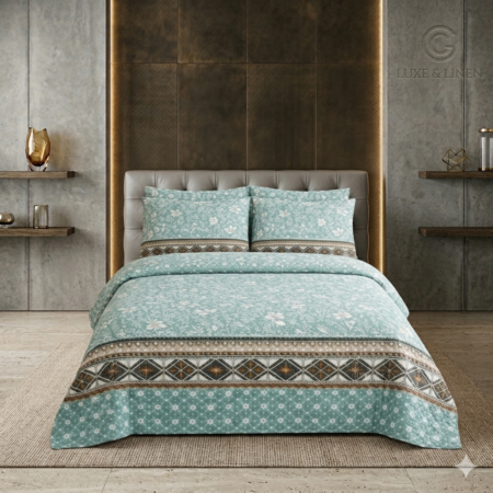 Sea Green Printed Bed Sheet With 2 Pillow Covers