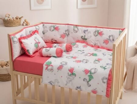 Pink fairy design baby cot set with pillows