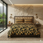 Black Yellow Flowers Printed Bed Sheet With 2 Pillow Covers