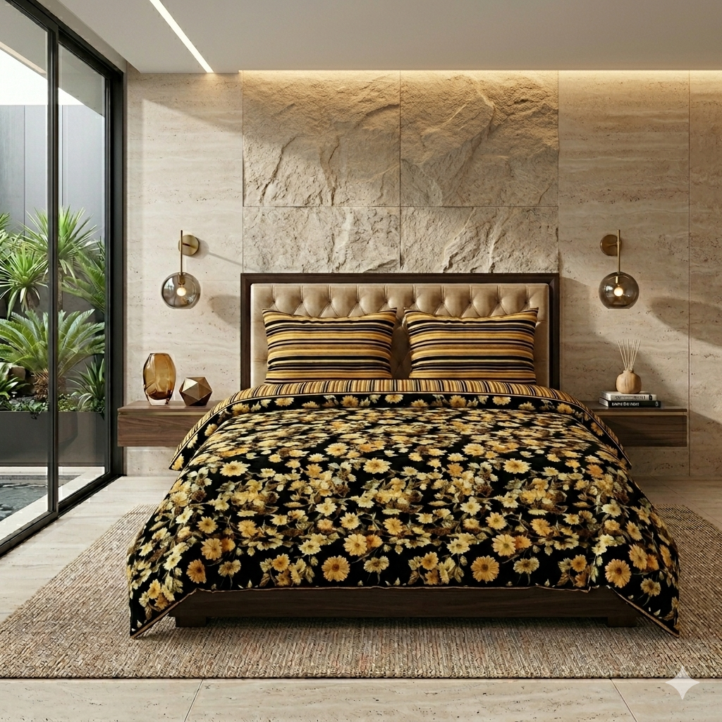 Black Yellow Flowers Printed Bed Sheet With 2 Pillow Covers Black Yellow Flowers Printed Bed Sheet With 2 Pillow Covers