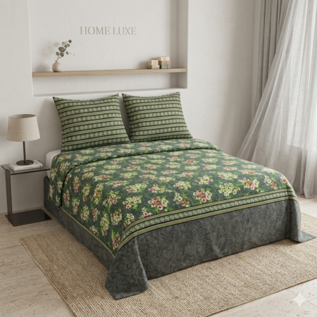 Green Printed Bed Sheet With 2 Pillow Covers