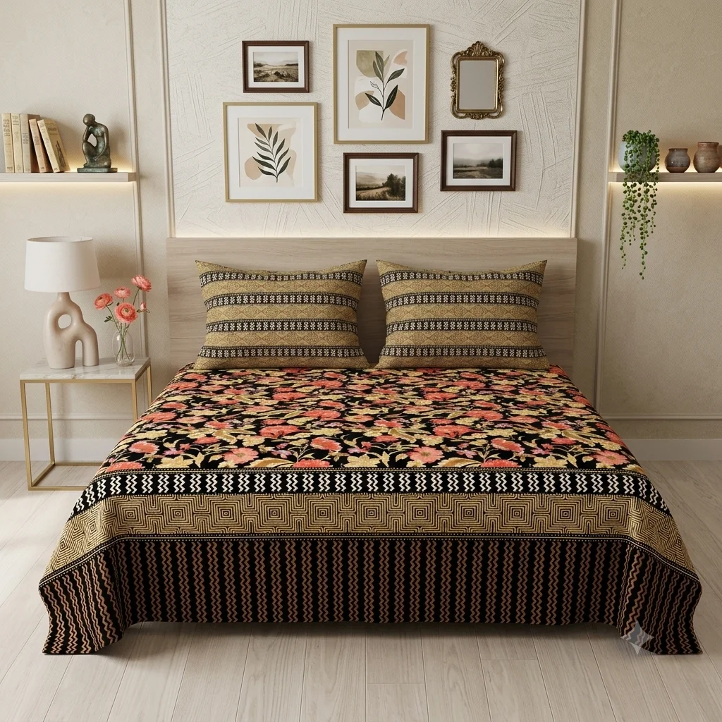 Premium Black Gold Multi-Floral Bedsheet Premium Black Gold Multi-Floral Bedsheet