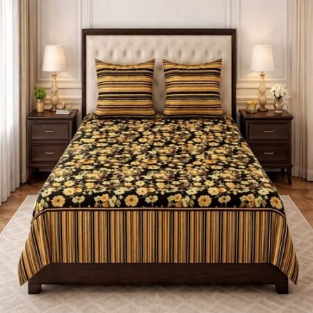 Black Yellow Flowers Printed Bed Sheet With 2 Pillow Covers