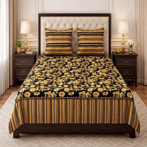 Black Yellow Flowers Printed Bed Sheet With 2 Pillow Covers Black Yellow Flowers Printed Bed Sheet With 2 Pillow Covers