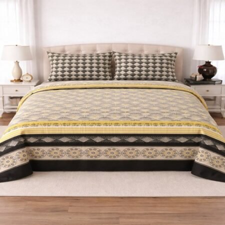 Yellow Black Printed Bed Sheet With 2 Pillow Covers