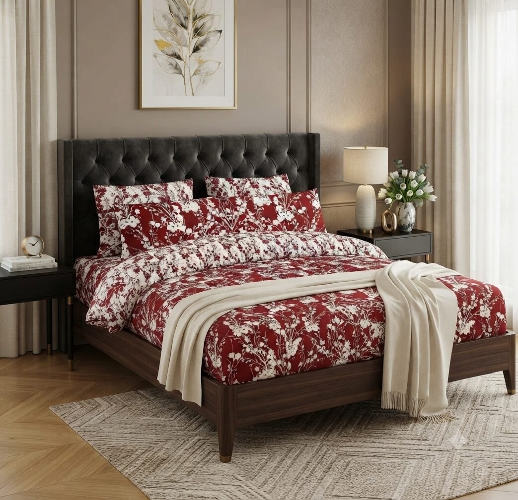 Cherry Red Floral Print Bedsheet Cherry Red Floral Print Bedsheet