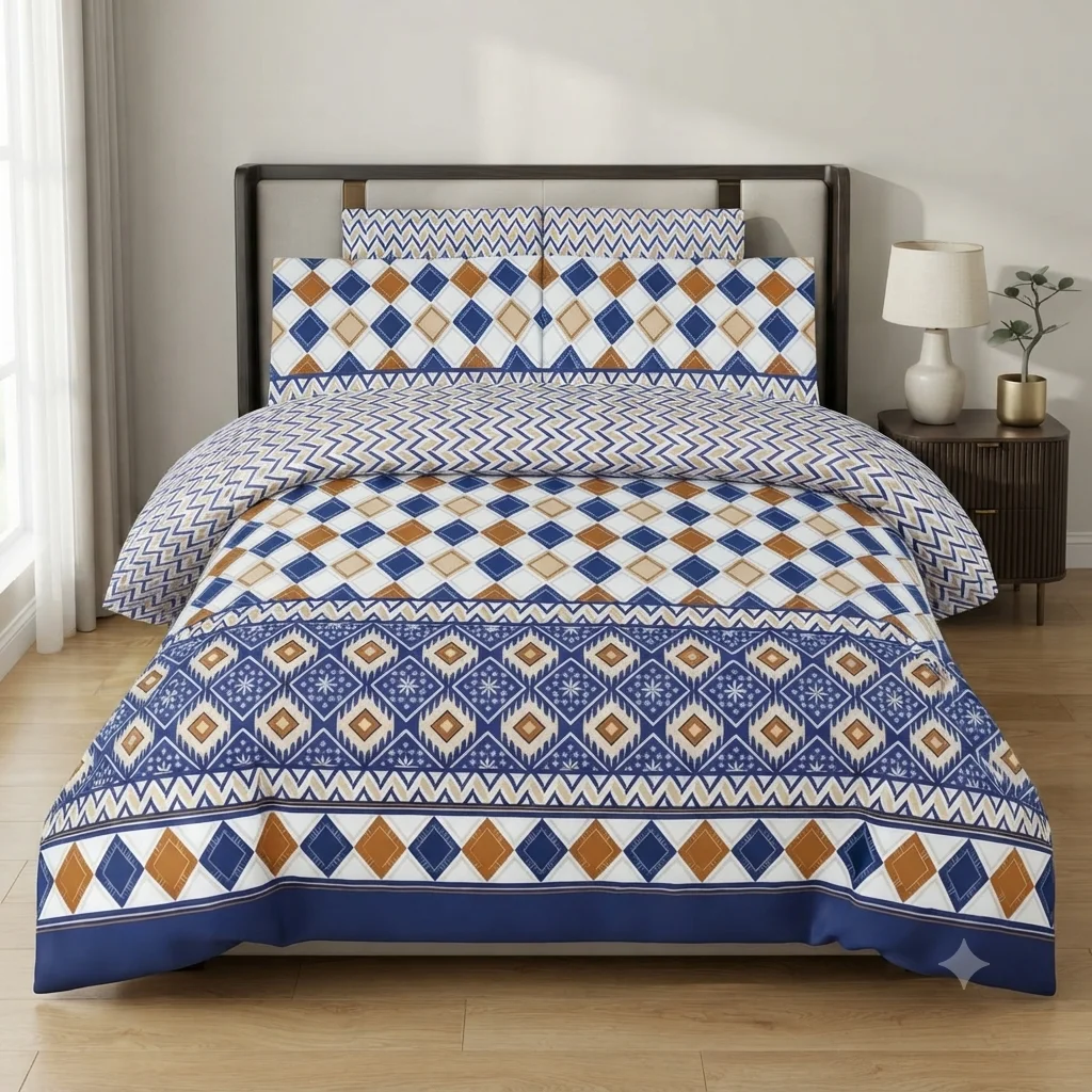 Dark Blue Printed Bed Sheet With 2 Pillow Covers Dark Blue Printed Bed Sheet With 2 Pillow Covers