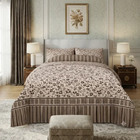 Dark Brown Printed Bed Sheet With 2 Pillow Covers