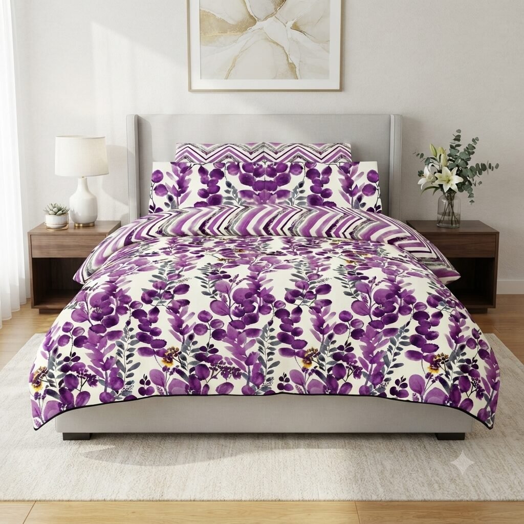 Elegant Purple Leaves & Zig-Zag Print Bed Set Elegant Purple Leaves & Zig-Zag Print Bed Set