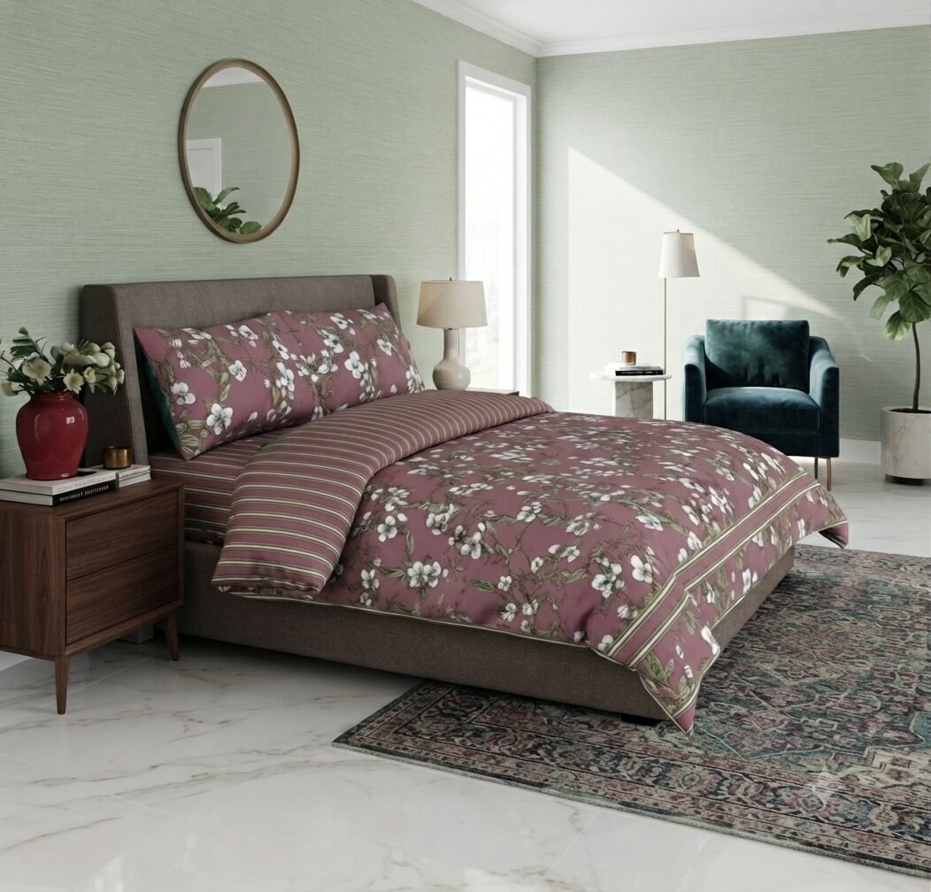 Floral botanical bed sheet with striped pattern Floral botanical bed sheet with striped pattern