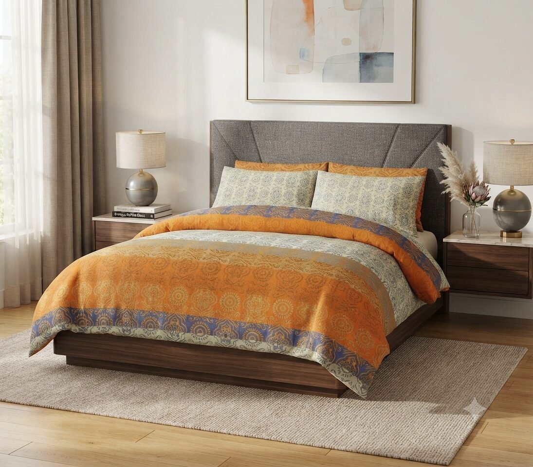 Orange Printed Bed Sheet With 2 Pillow Covers Orange Printed Bed Sheet With 2 Pillow Covers