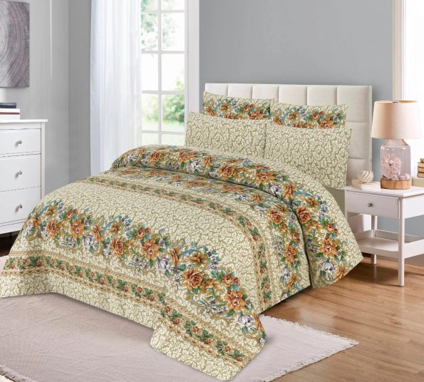 Cream Printed Bed Sheet With 2 Pillow Covers