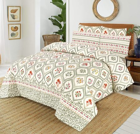 Soft Cream Printed Bed Sheet With 2 Pillow Covers