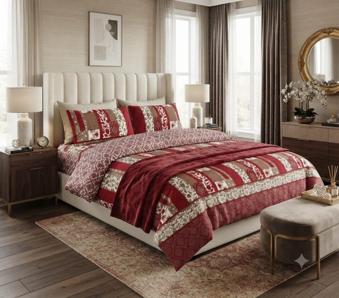 Red Printed Bed Sheet With 2 Pillow Covers Red Printed Bed Sheet With 2 Pillow Covers