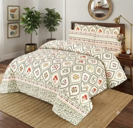 Soft Cream Printed Bed Sheet With 2 Pillow Covers