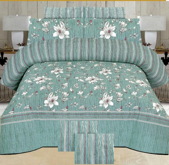Greenish-Blue Printed Bed Sheet With 2 Pillow Covers