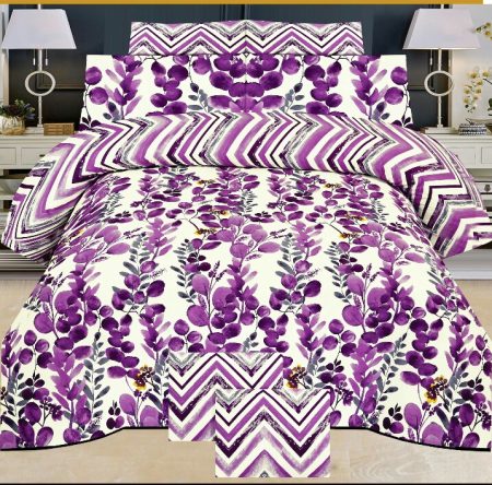 Purple Floral Printed Bed Sheet With 2 Pillow Covers