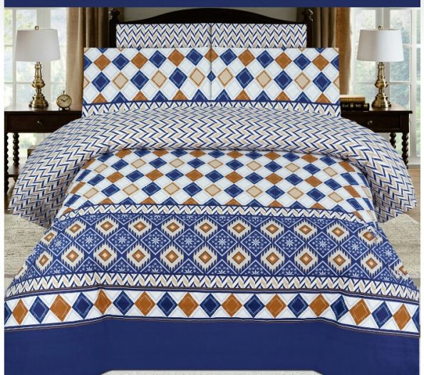 Dark Blue Printed Bed Sheet With 2 Pillow Covers