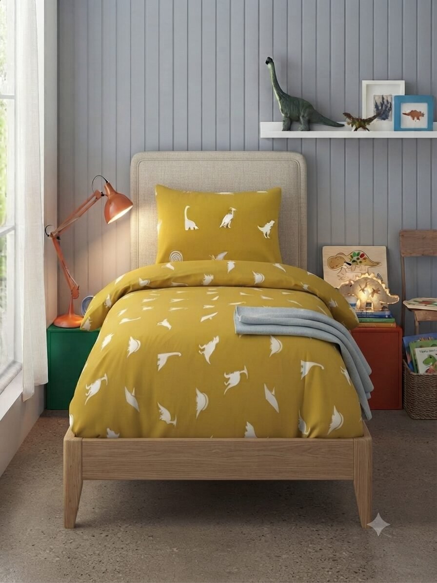 Yellow Dinosaur Character Kids Bed Sheet Yellow Dinosaur Character Kids Bed Sheet