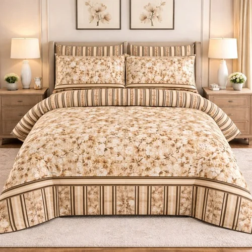 Classic Beige & Brown Floral Stripe Bed Sheet Classic Beige & Brown Floral Stripe Bed Sheet
