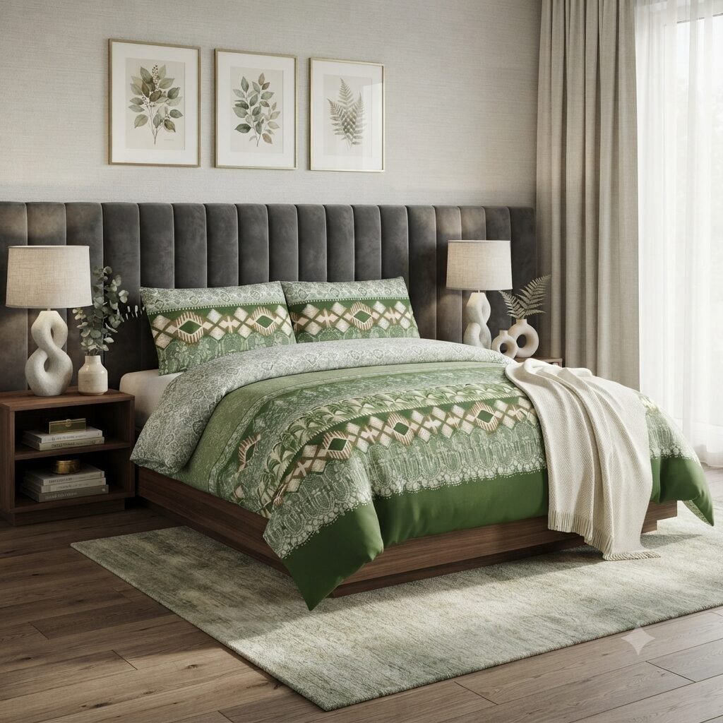 Green Color Printed Bed Sheet Z Design Green Color Printed Bed Sheet Z Design